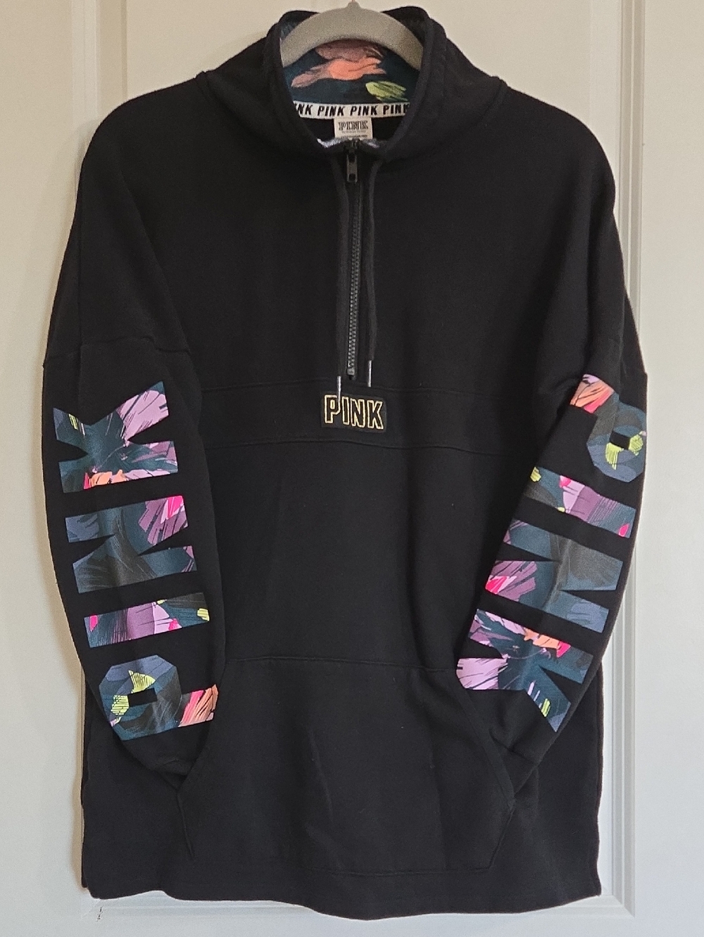 PINK Victoria's Secret Black Half-Zip Pullover Sweatshirt with Floral Accent